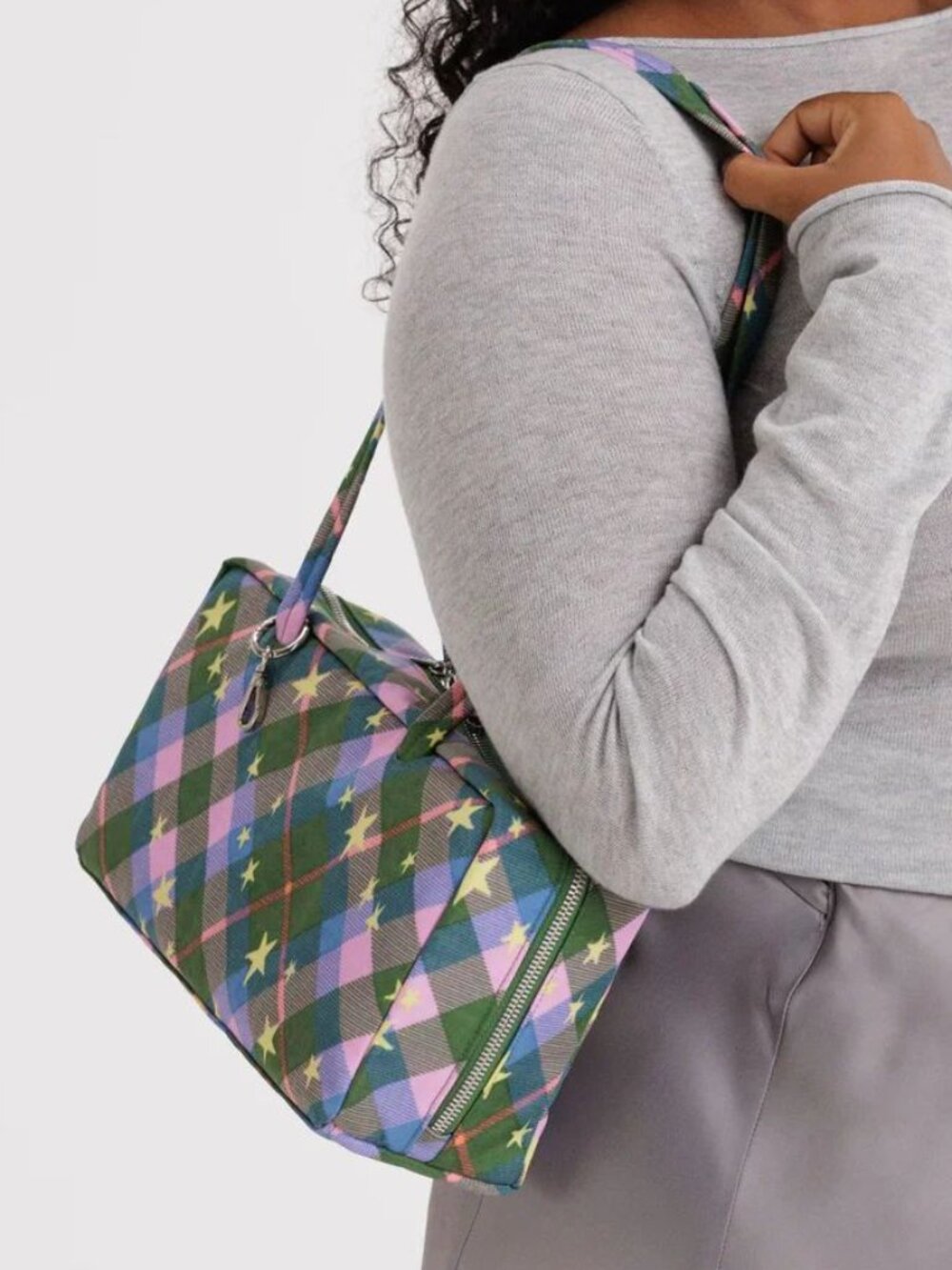 NWT Baggu Regular Nylon Bowler Bag - Green Star Plaid - Picture 5 of 11